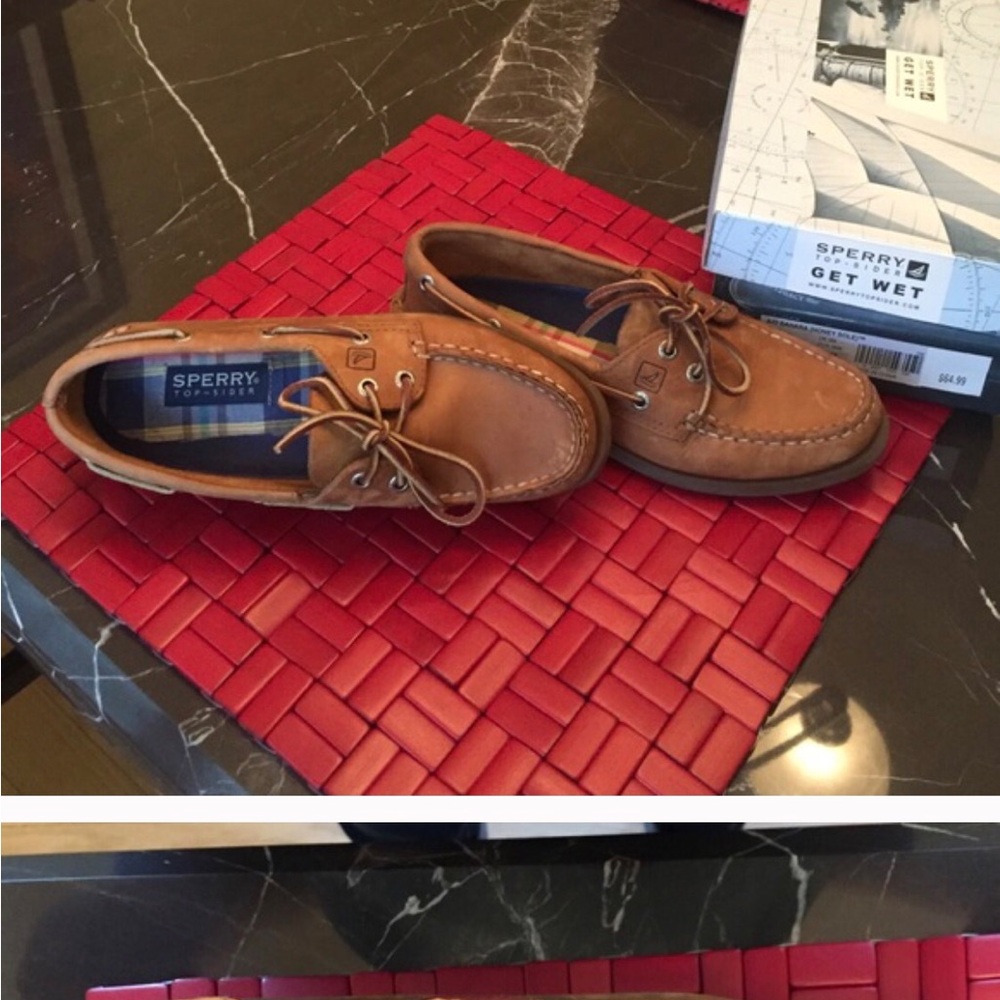Sperry Tan Leather Boat Shoes with Nautical Design